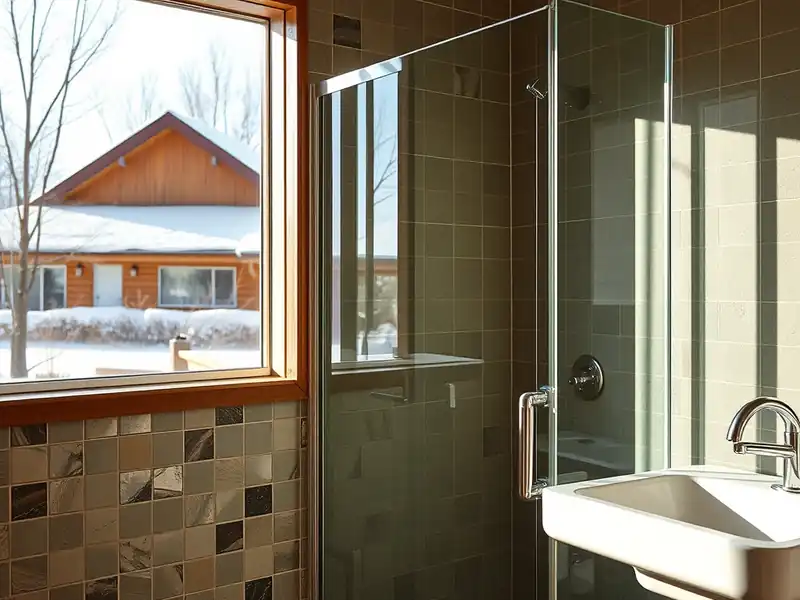 Illustration of modern bathroom with glass shower and mosaic tiles.